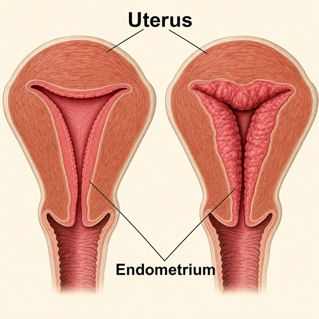 왼쪽은 배란 주기가 도는 자궁, 오른쪽은 배란 없이 오래 지나 자궁내막이 두꺼워진 상태입니다 — 호르몬 치료는 주기를 규칙적으로 유지해 내막이 정리될 기회를 만드는 역할을 합니다