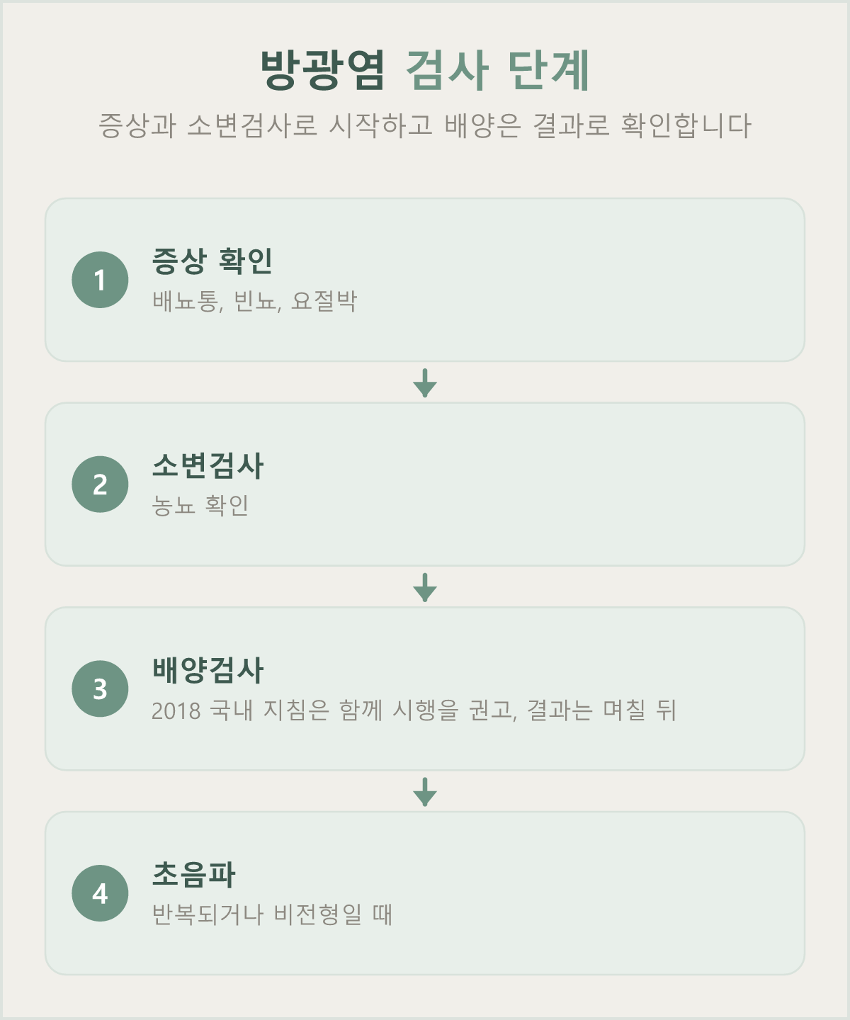 증상 확인과 소변검사로 시작하고, 2018년 국내 지침이 함께 시행을 권고하는 배양검사는 며칠 뒤 결과로 확인하며, 초음파는 반복되거나 비전형일 때 더하는 방광염 검사 단계