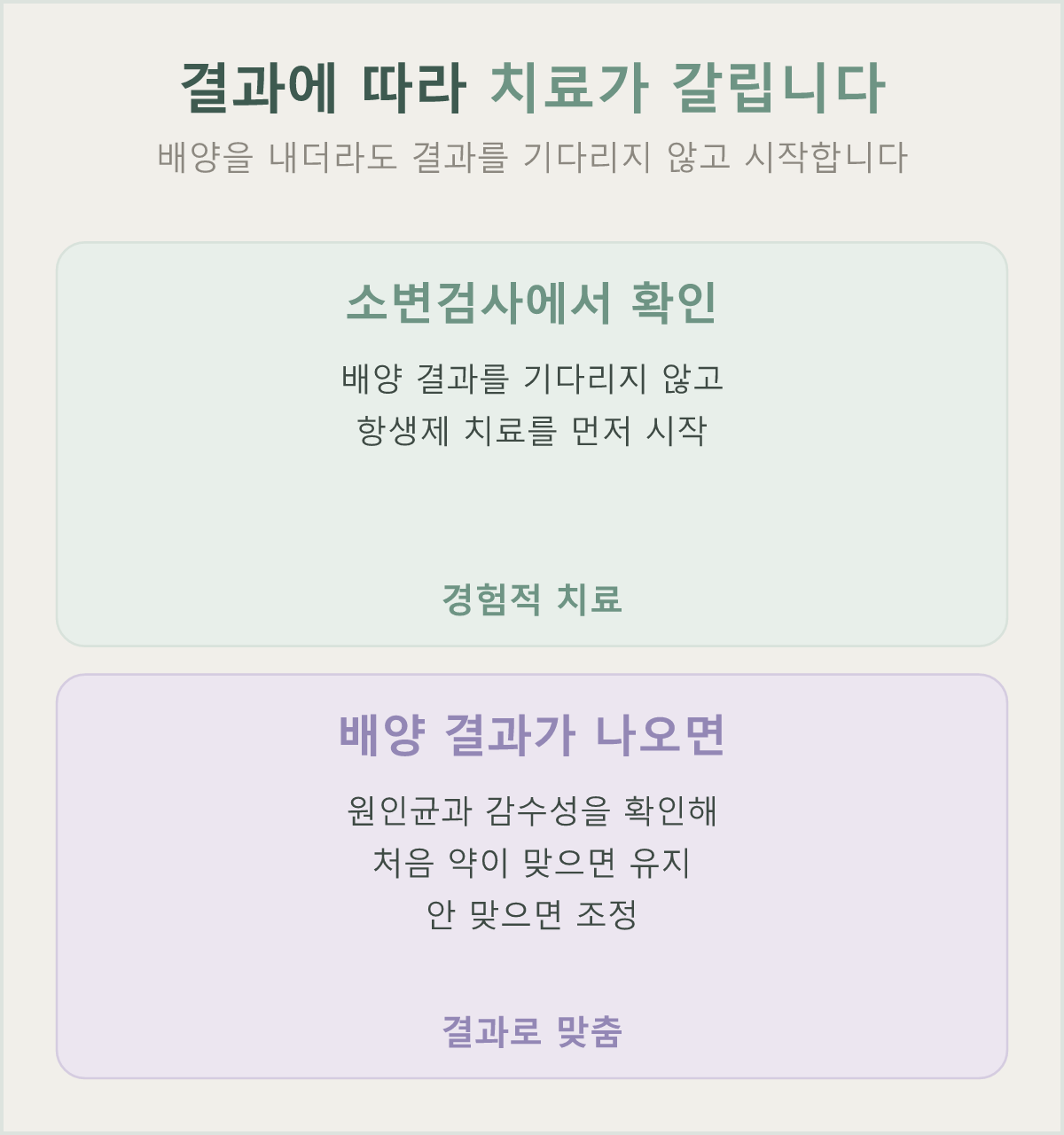 소변검사에서 확인되면 배양 결과를 기다리지 않고 항생제 치료를 먼저 시작하고, 배양 결과가 나오면 원인균과 감수성을 확인해 처음 약이 맞으면 유지하고 안 맞으면 조정합니다