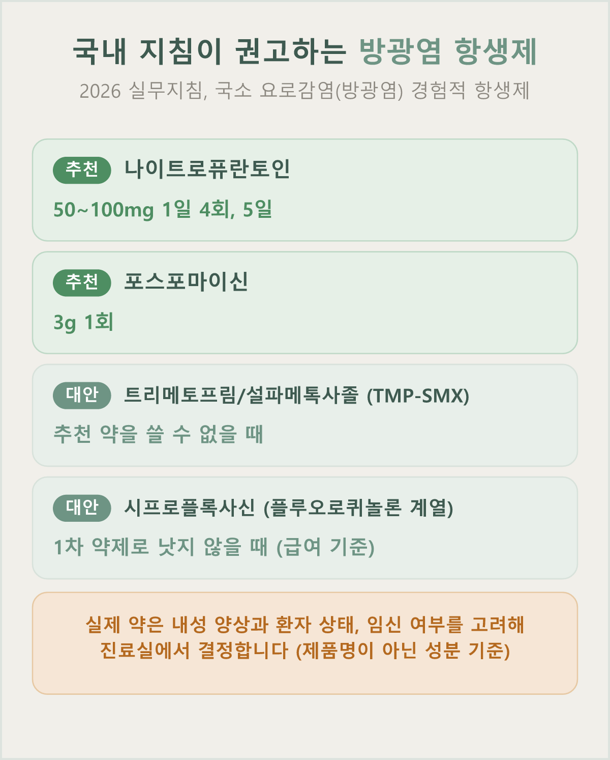 2026년 국내 실무지침이 방광염(국소 요로감염)의 경험적 항생제로 정리한 추천 약제와 대안 약제 — 실제 약은 내성 양상과 환자 상태, 임신 여부를 고려해 진료실에서 결정합니다
