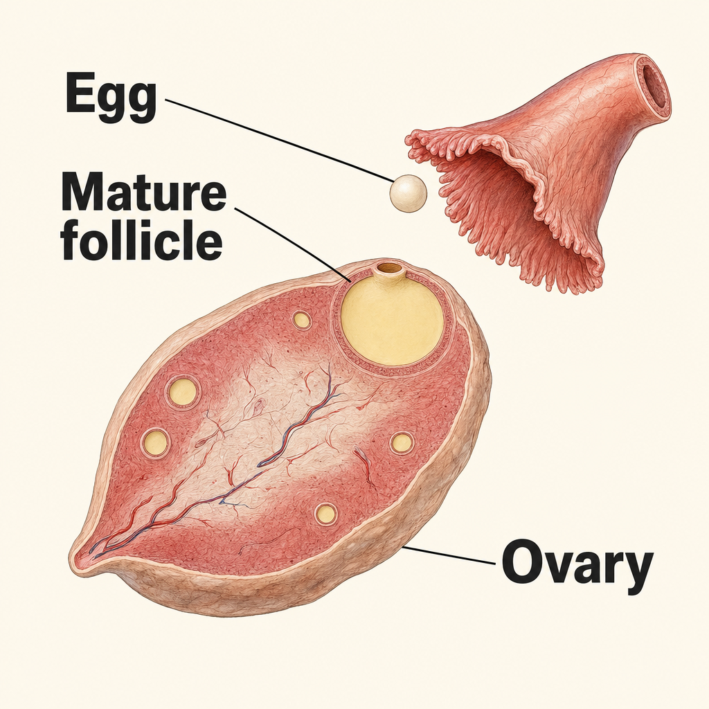 배란은 난소의 다 자란 난포에서 난자 하나가 빠져나오는 일이고, 나온 난자는 바로 옆 난관 끝으로 향합니다 — 생리 날짜보다 이 배란이 일어나는지가 관건입니다