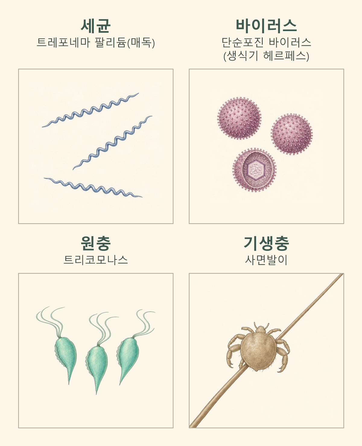 성병의 원인이 되는 세균, 바이러스, 원충, 기생충 네 갈래에서 병원체를 하나씩 예로 든 그림(트레포네마 팔리듐, 단순포진 바이러스, 트리코모나스, 사면발이) — 칸마다 확대 배율이 달라 칸끼리 크기를 비교할 수는 없습니다