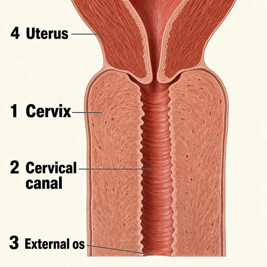 자궁 맨 아래에 이어진 자궁경부와, 그 가운데 통로가 열리는 아래쪽 입구 — 미국 CDC 지침은 자궁경부에 염증이 있는 일부 여성이 겪는 증상으로 생리 사이 출혈을 듭니다